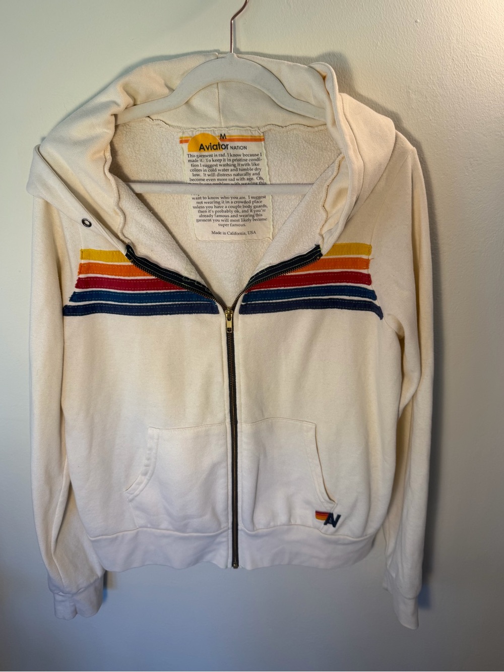 Aviator Nation Cream Zip-Up Hoodie with Navy, Red & Gold Stripes. Size M